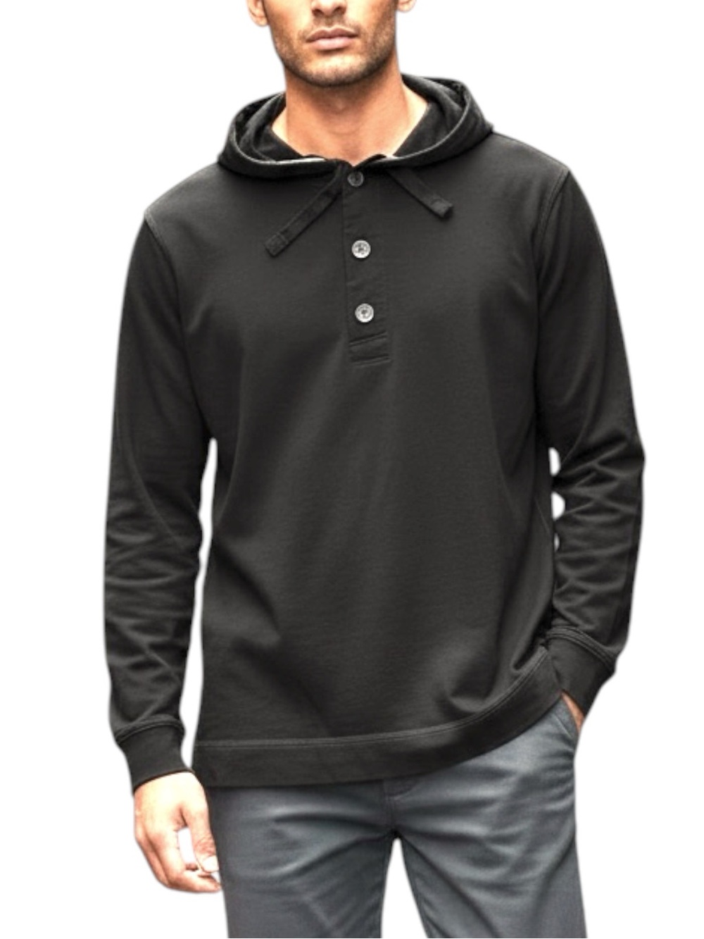 NWT Banana Republic Cotton Black 1/4 Button Hooded Long Sleeve Shirt (XL)